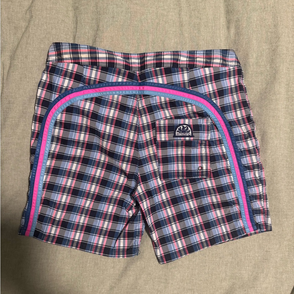 Sundek Men's Plaid Swim Board Shorts with Pink & Navy Trim
